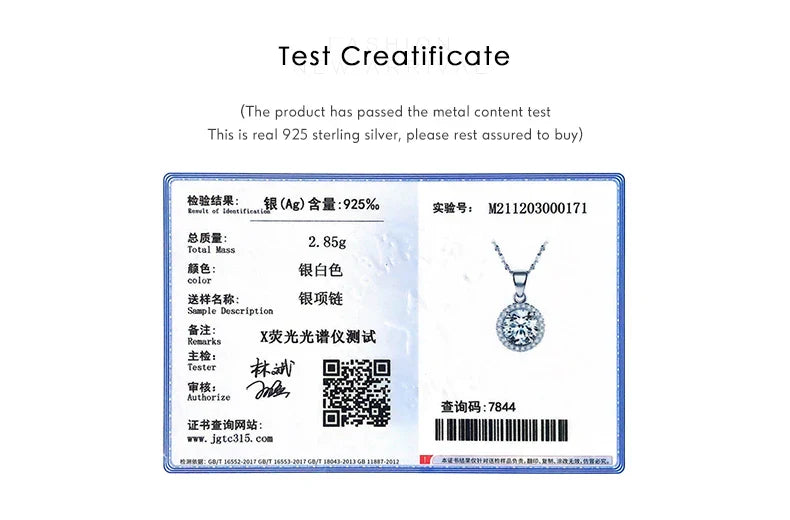 Genuine 925 Sterling Silver Luxury Chain Brand Necklace with 2.0Ct AAAAA Level Zircon Necklaces Gift Jewelry for women