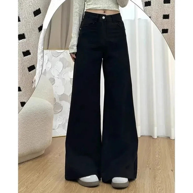 بنات جينز بخصر مرتفع بنطلون جينز بقصة مستقيمة بتصميم أنيق