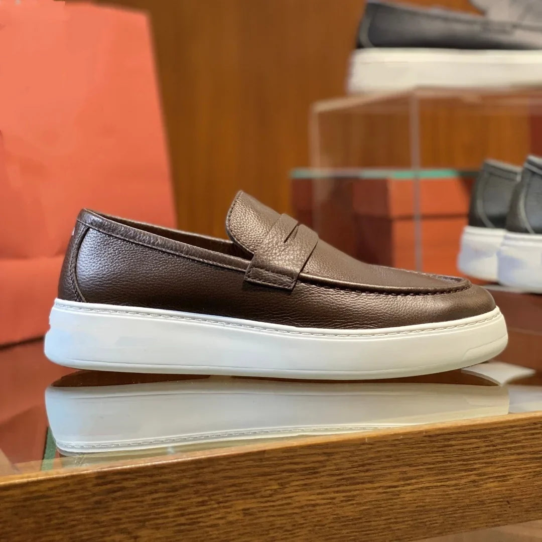 2026 New Men Genuine Grain Leather Penny Loafers Slip On Platform Non Slip Soft Sole Business Casual Driving Daily Walking Shoes