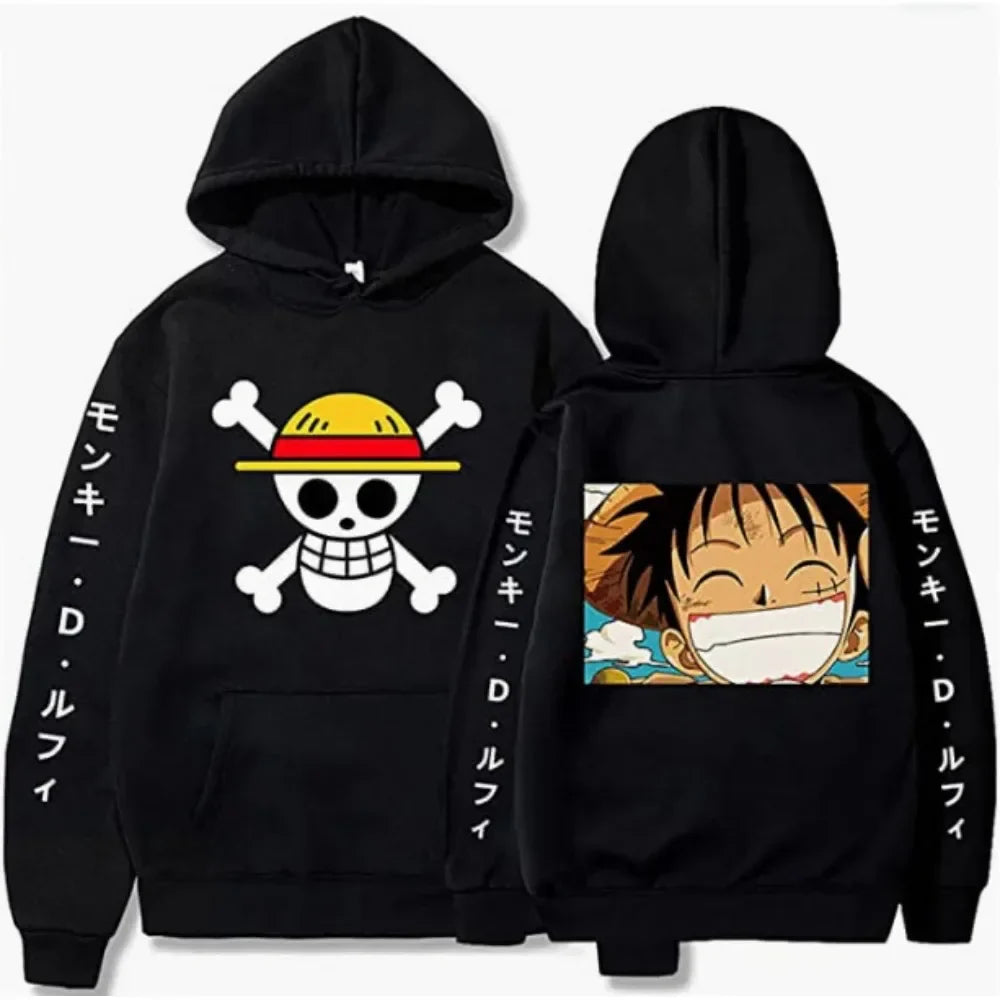 هودي رجالي عصري لفصلي الربيع والخريف MONKEY D LUFFY ملابس كاجوال بغطاء رأس بلون موحد ملابس الشارع للرجال مطبوع عليها رسوم كرتونية من قطعة واحدة