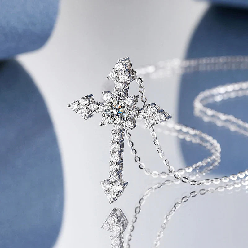 Real 1 Carat Moissanite Cross Pendant Necklace For Women 100% 925 Sterling Silver D Color Diamond Necklaces Fine Jewelry