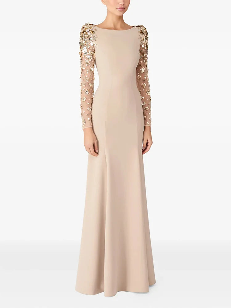 HIGH STREET Newest Fashion 2026 Designer Party Vestido Women's Spliced Mesh Diamonds Beaded Long Sleeved Maxi Long Dress