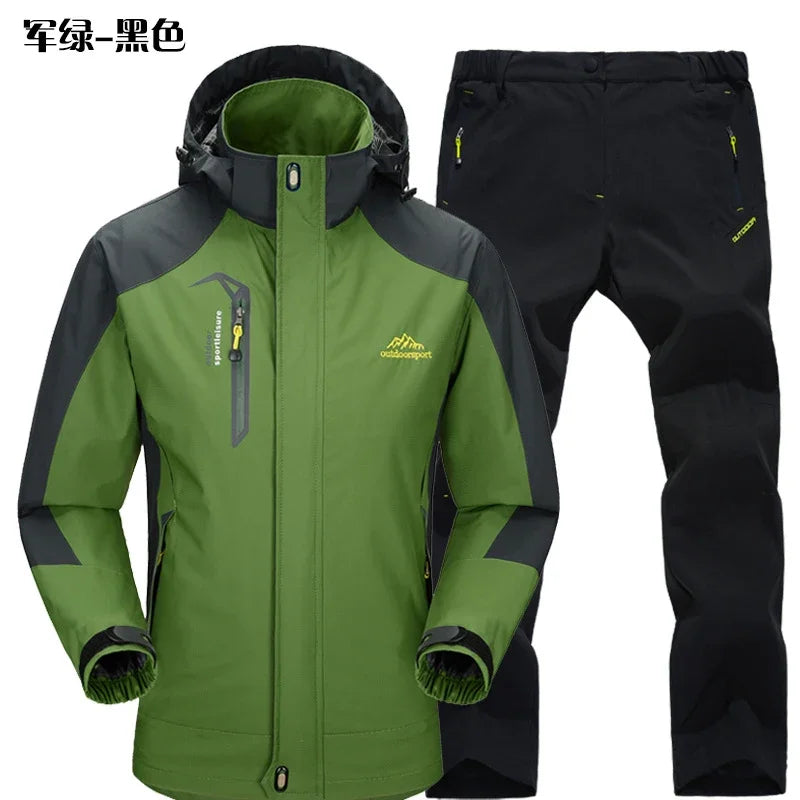 Outdoor Jacket Pants Sets Men Fleece Thermal Waterproof Windproof Hooded Jackets Hiking Military Trip Mountain Camping Clothes