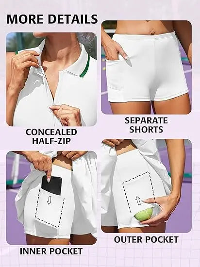 Women Tennis Dress Polo Half Zipper Pleated with Built in Bra Separate Shorts One-Piece Slim Fit with Pockets Golf Dress