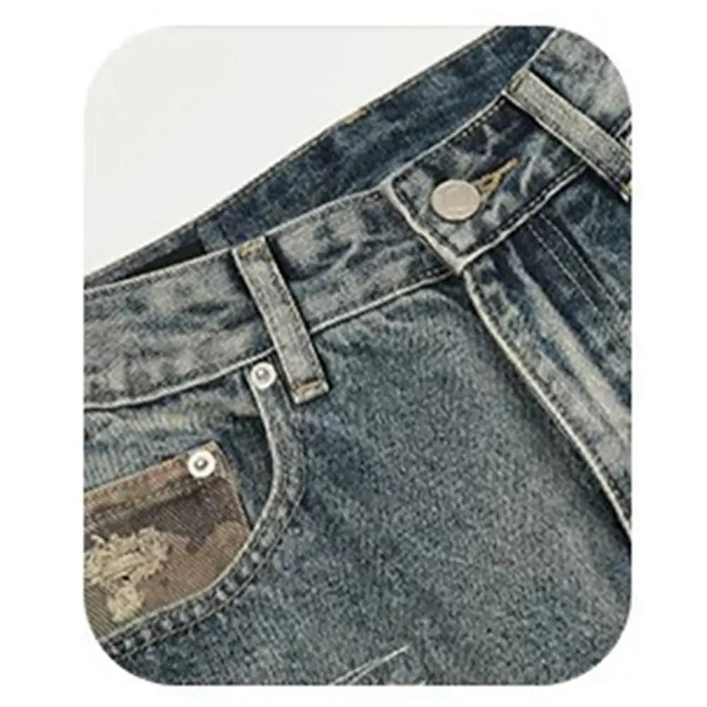 Men's Ripped Slim Fit Straight Leg Jeans Patchwork Camouflage Denim Pants