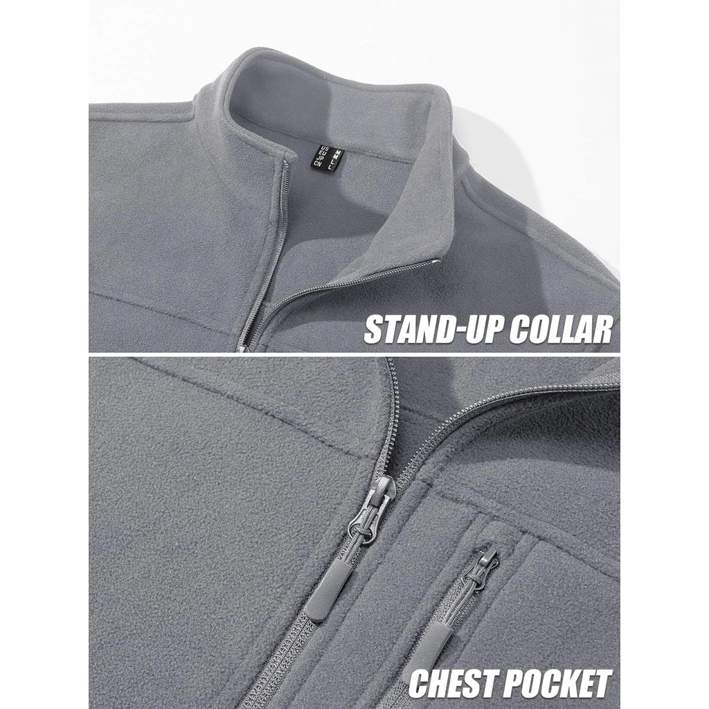 Men's Thermal Warm Fleece Jacket Stand Collar Full Zip Windbreaker Multiple-pockets Outerwear Working Hiking Coat