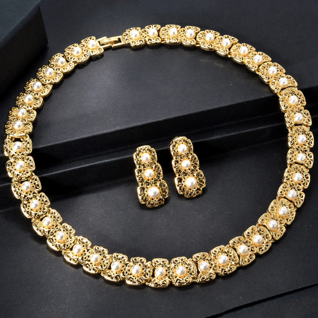 Dubai Luxury Quality Jewelry Set For Women Trend Pearl Necklace Bracelet Ring Earrings Jewelry Set 18k Gold Plated Jewelry