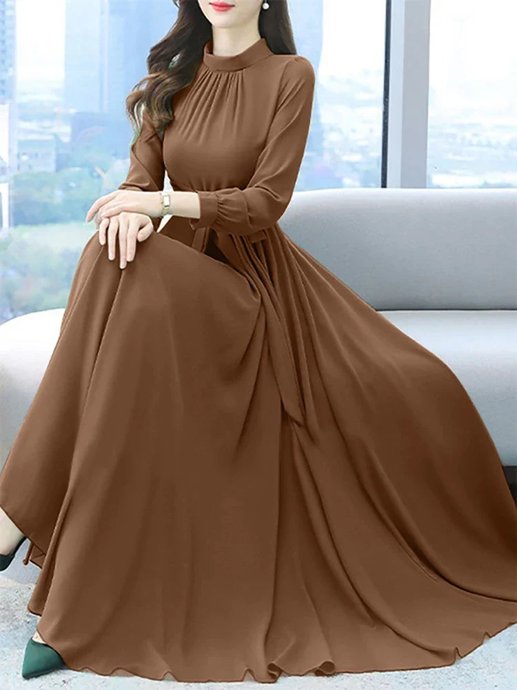 Women Long Sleeve A-line Sundress Spring Long Dress Autumn Solid Party Holiday Maxi Dresses Vestidos Femme Vintage Robe