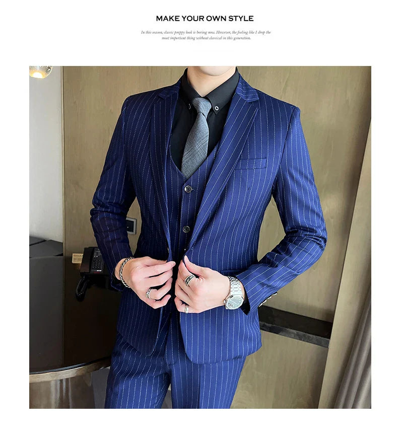 New three-piece suit with tailored striped business suit blazer and trousers set. Korean fashion trend. Stylish wedding attire.