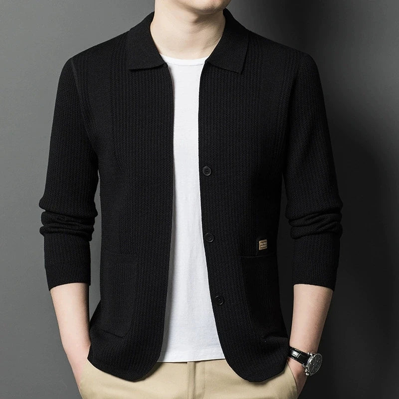 High-Quality Men's Knitted Cardigans Solid Color Simple Business Lapel Knitwear Coat Man Autumn New Long Sleeves Sweater Jacket