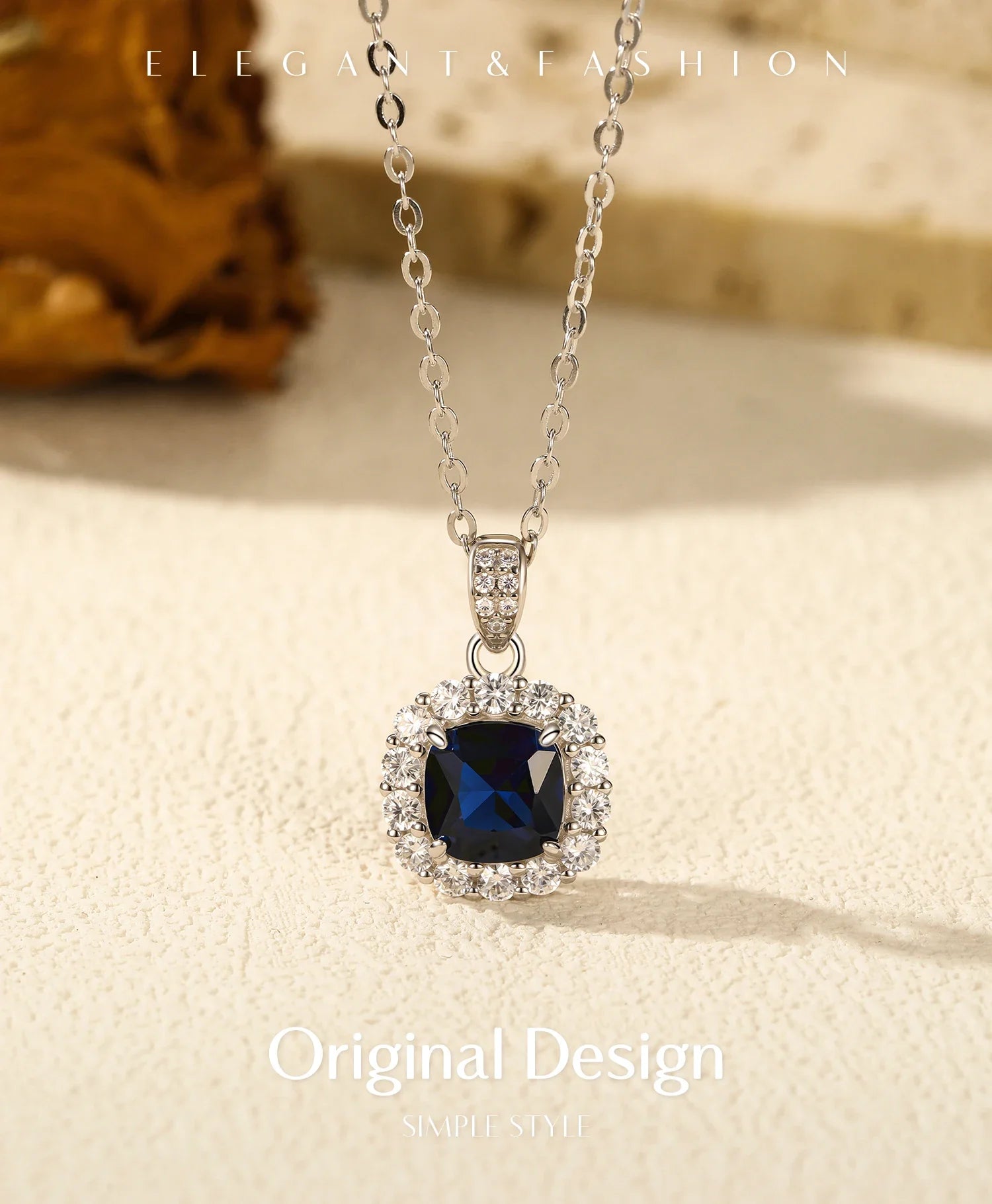 925 Sterling Silver Elegant Luxury Geometric Royal Blue Zirconia Pendant Necklaces For Women Anniversary Fine Jewelry