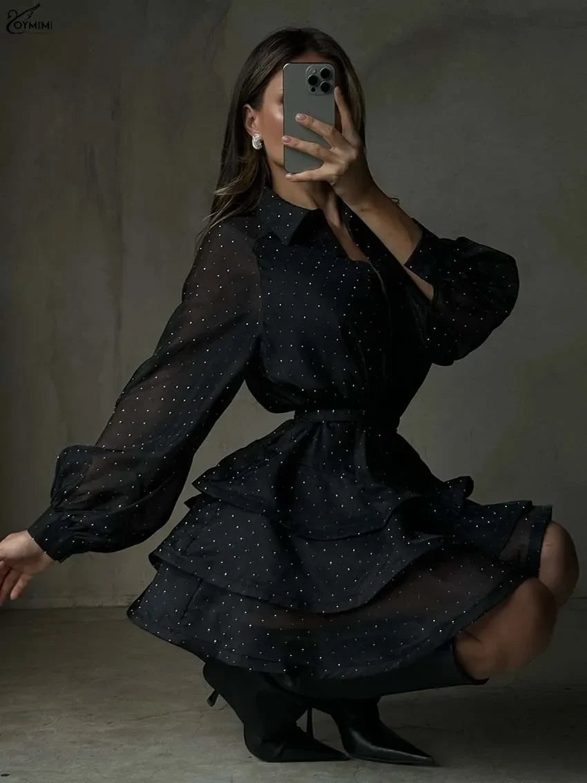 Fashion Black Rhinestone Women's Dress Casual Lapel Long Sleeve Button Dresses Elegant New Lace-Up Pleated Mini Dresses