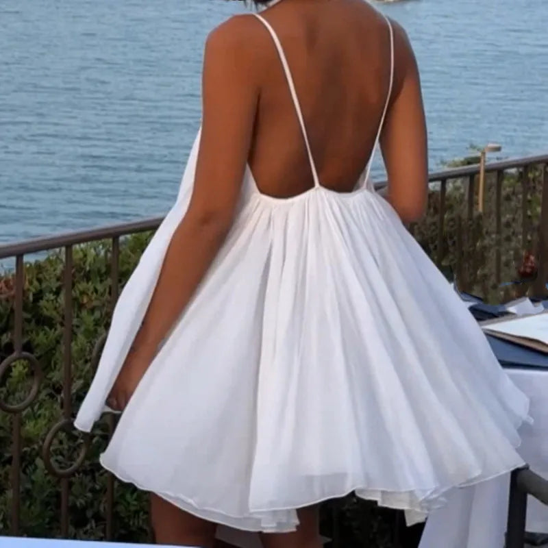 2025 Women White Big Backless Sling Dress O Neck Back Zipper Loose Swing Mini Short Dresses Holiday Robe