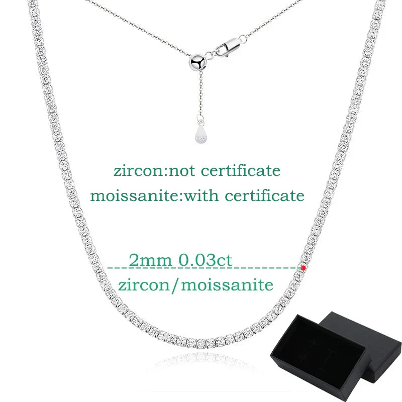 Each 2mm All Zircon/moissanite Tennis Necklace for Women Man Adjustable Choker Chain 100% 925 Sterling Silver Jewelry