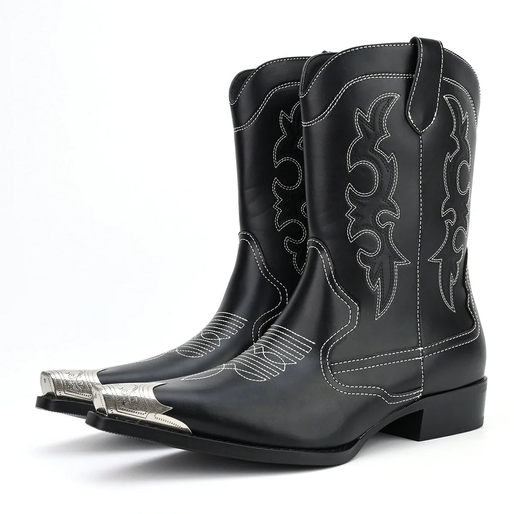 Men's Retro Casual Embroidered Pointed Cowboy Boots Metal Head Men's Boots