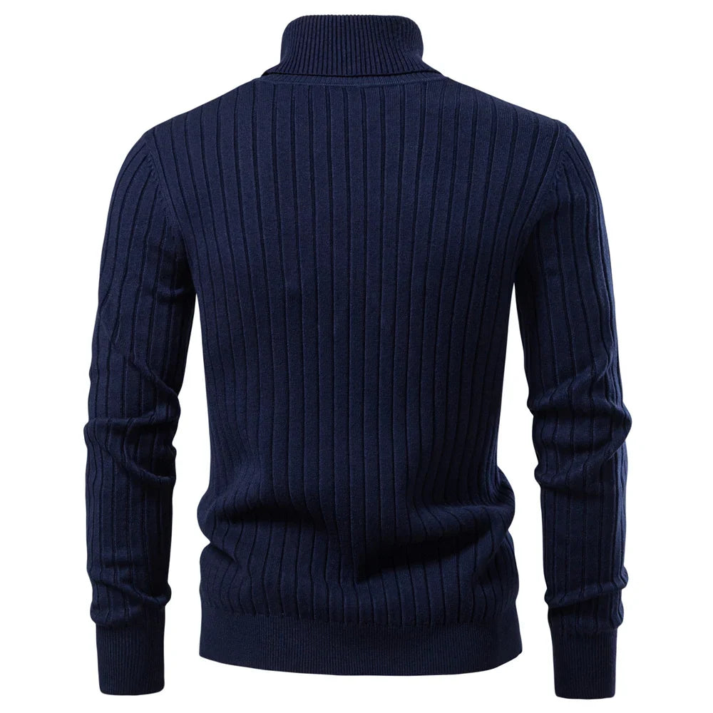 Men's Turtleneck Sweater Solid Color with Striped Pullover Warm Knitwear Winter Basic Casual High Quality Sweater Male
