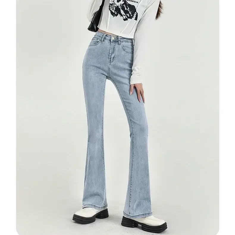White Straight-leg Jeans Women's High-waisted Elastic Slimming Bootcut Pants Microflare Waistline Shredded Leggings Fashion