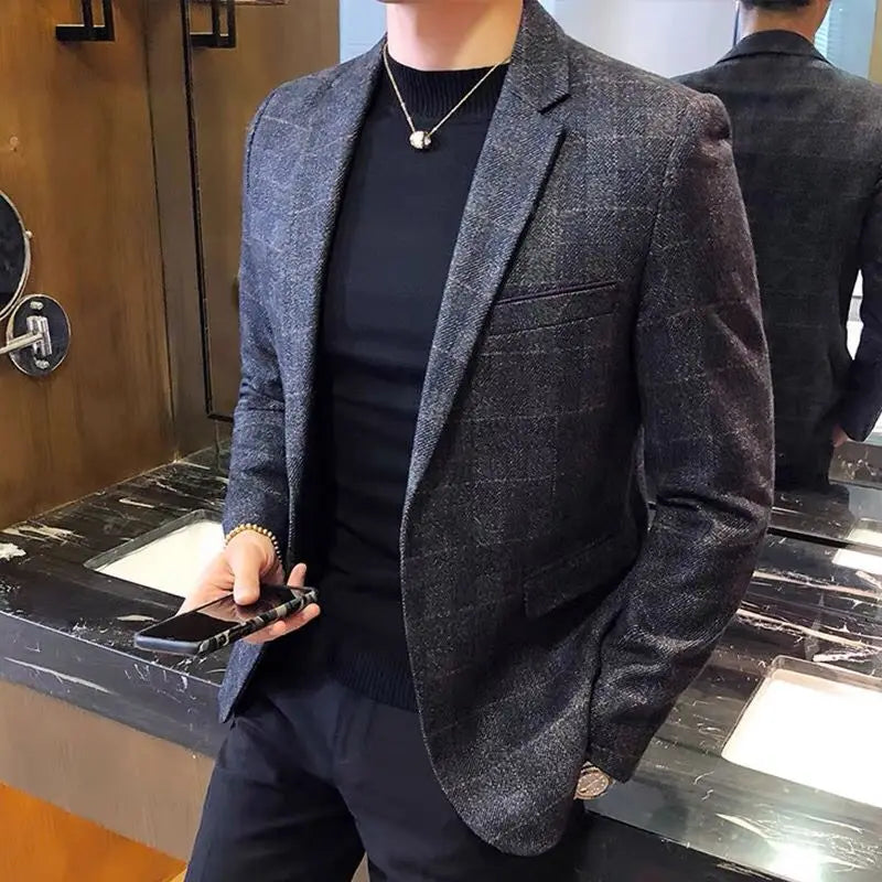 British's Style Vintage Plaid Blazer Men Casual Slim Fit Suit Jacket Single Button Business Social Blazer Plus Size M-5XL Hombre