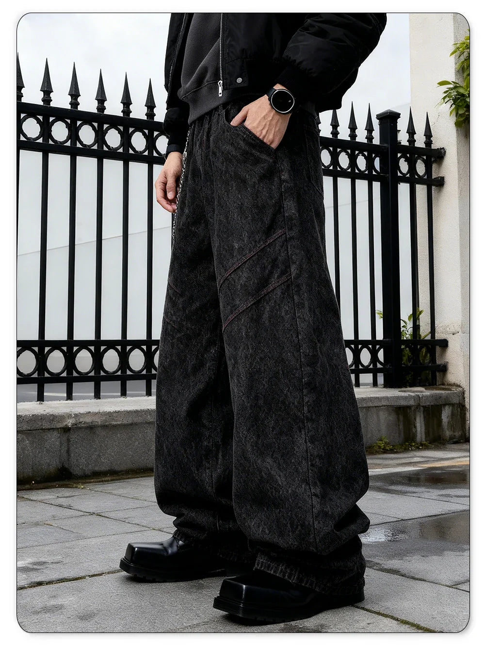 Four Seasons American Retro Men's Black Baggy Wide Leg Jeans Basic Style Business Casual Loose Denim Pants Unisex Street Jeans