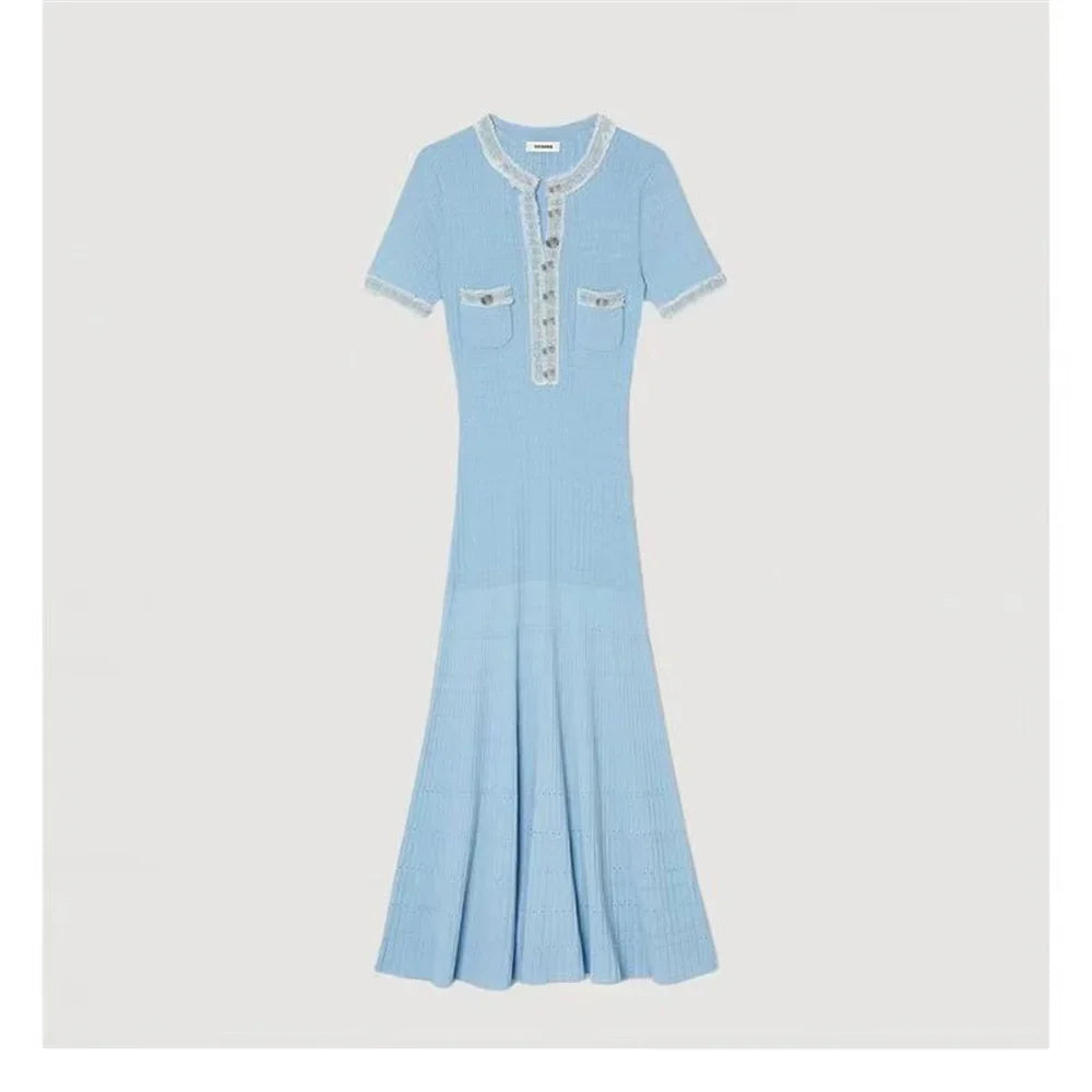 Elegant Contrasting Women Knit Maxi Dress Chic O-neck Short Sleeve Metal Buttons Bodycon Dresses Office Lady Commuting Robe