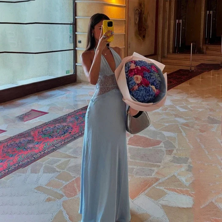 Sexy Deep V-neck Backless Lace Patchwork Satin Dresses for Women 2026 Summer Halter Sleeveless Long Maxi Party Evening Dress