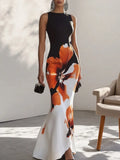 Gymystars Skinny Sleeveless Flower Print Dress Women's Evening Dresses Elegant Sexy Outfit Black White Flowers Party Dress Robe