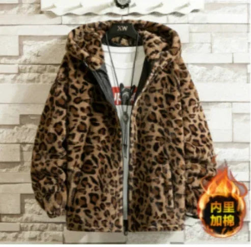 2024 Men's Leopard Print Handsome Imitation Mink Hooded Jacket Fleece-Lined Warm