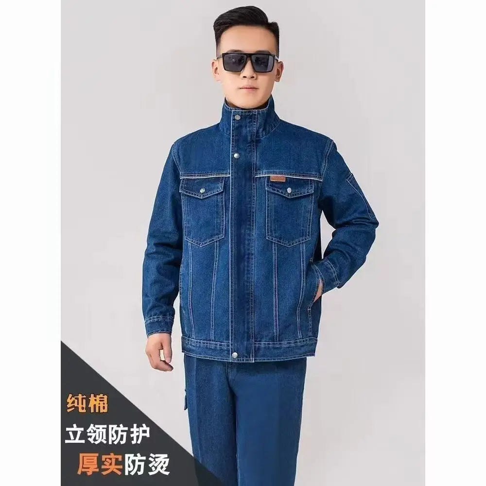 Men's Street Hip Hop Men's Loose Jeans Motorcycle Jacket Two Piece Set Harajuku Pattern Embroidered Jacket Jeans Set