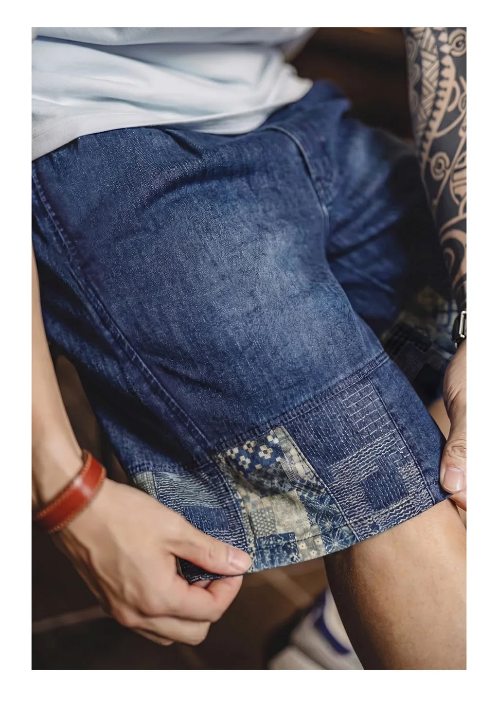 Men's American Retro Slub Texture Washed Denim Shorts Vintage Cloth Spliced Five Inch Loose Casual Workwear Daily Trousers