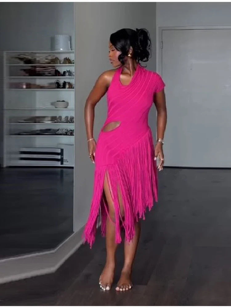 Women's summer Trend Sexy Fringe Pure Color Skirt Irregular Cut Backless Sleeveless Party Dresses Stylish Date Club Evening Gown