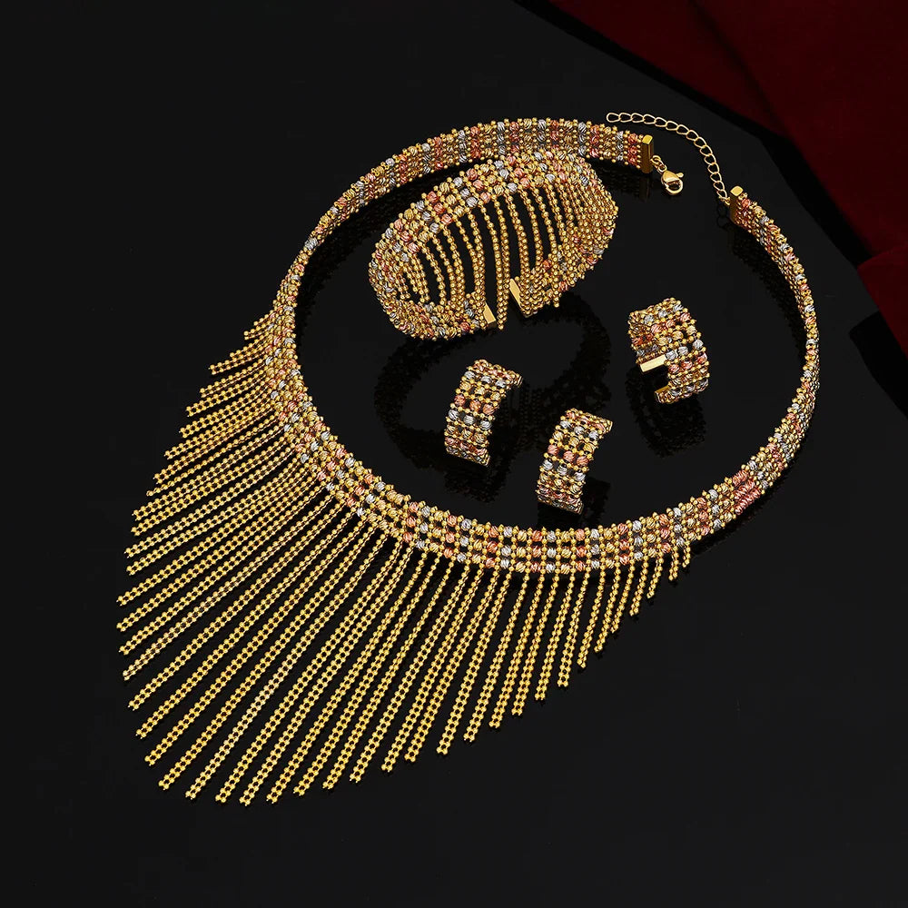 Luxury Wedding Jewelry Set Dubai Nigeria Bridal Jewelry Sets For Women Party Gold Plated Copper Tassel Beads Necklace