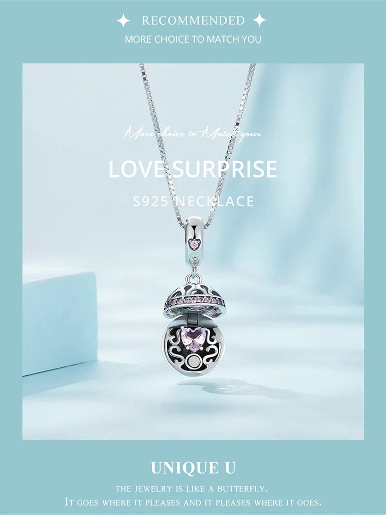 925 Sterling Silver Love Gift Box Dangle Ball Pendant Necklace Pink Heart Zircon Neck Chain for Women Fine Jewelry
