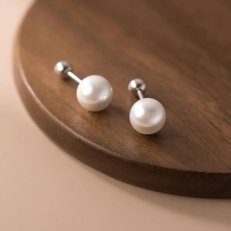 Real 925 Sterling Silver Geometric Round Bead 6/8/10/12mm Pearl Stud Earrings For Women TRENDY Fine Jewelry Accessories