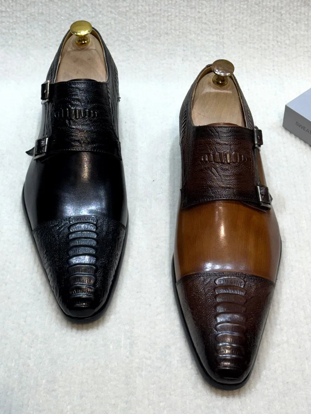 Men's Handmade Brown Monk Shoes Double Buckle Genuine Cow Leather Luxury Wedding Business Formal Basic Men's Footwear