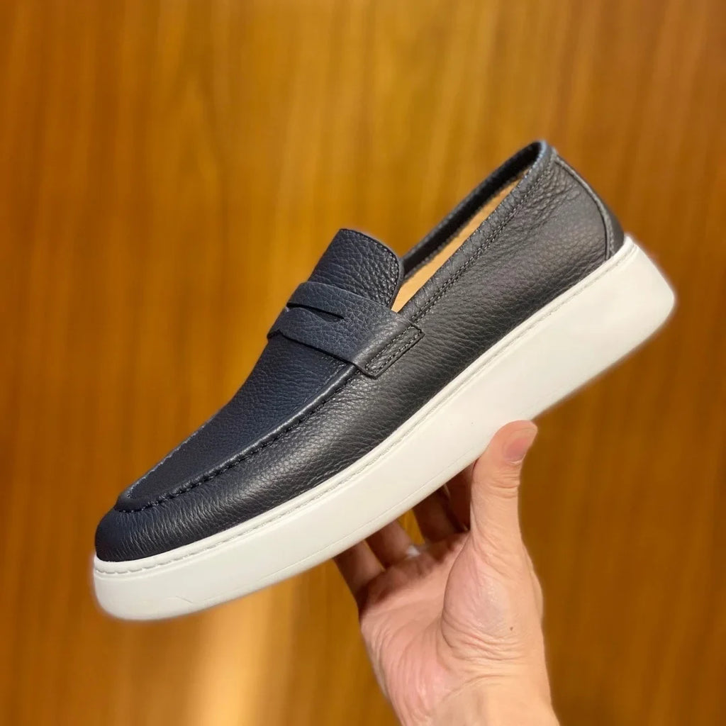 2026 New Men Genuine Grain Leather Penny Loafers Slip On Platform Non Slip Soft Sole Business Casual Driving Daily Walking Shoes