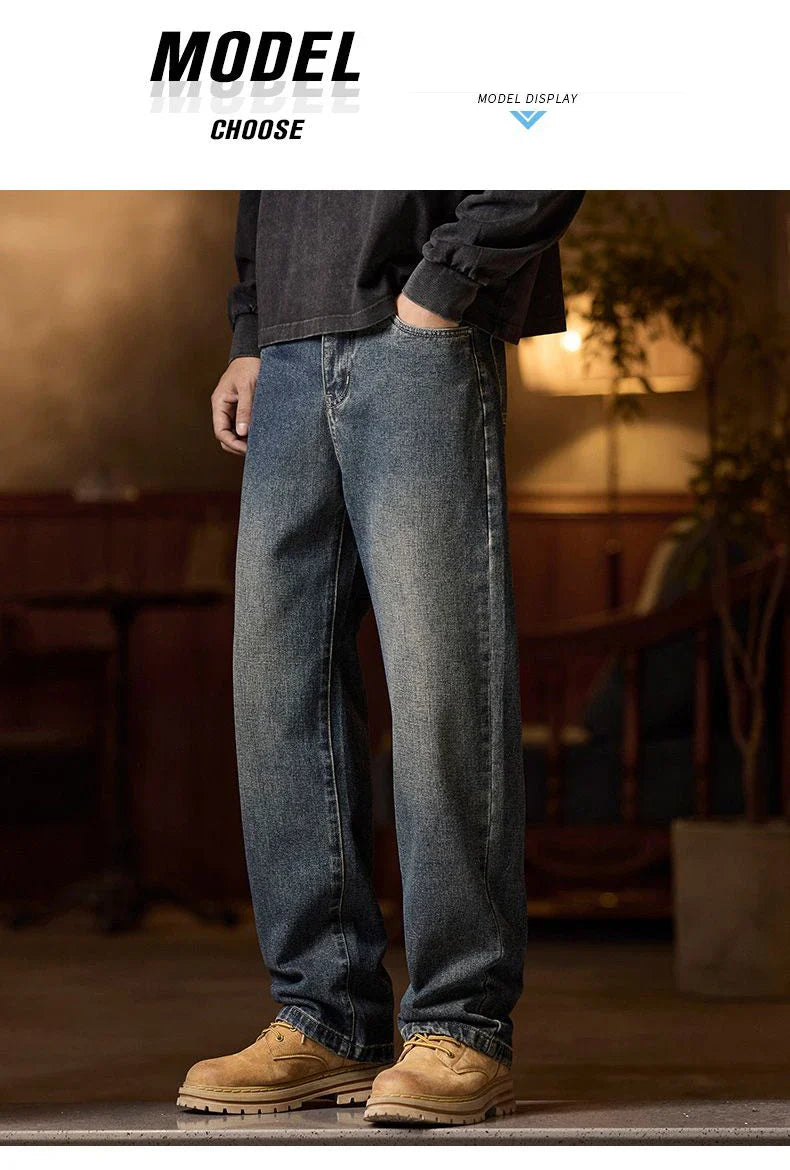 American Men's Y2K Retro Blue Denim Jeans Autumn Spring Relaxed Fit Korean Streetwear Casual Wide-leg Pants with Spliced Pockets