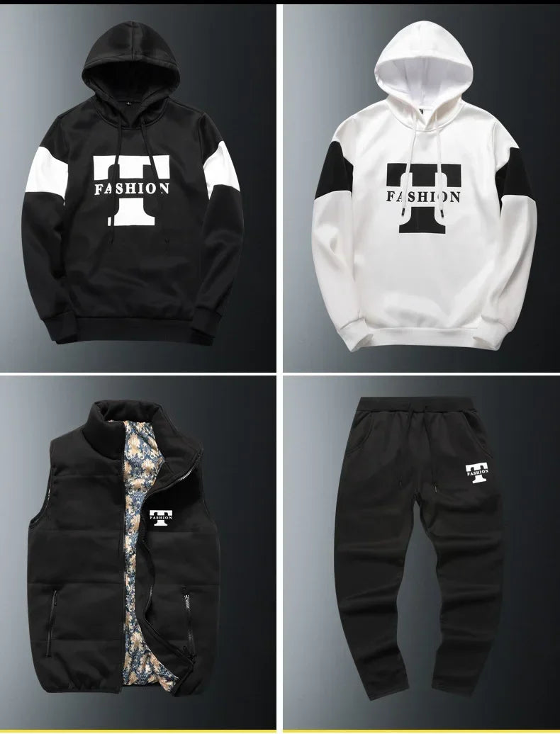 3 Pieces Set Hoodies+Vest+Pants Casual Track Suit Clothing Coats Winter Thick Warm Tracksuit for Couple Printed Mens Set Vest