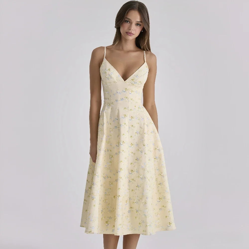 Summer V-neck Lace-up Back Floral Print A-line Midi Dress Casual Party Sun Dress for Women