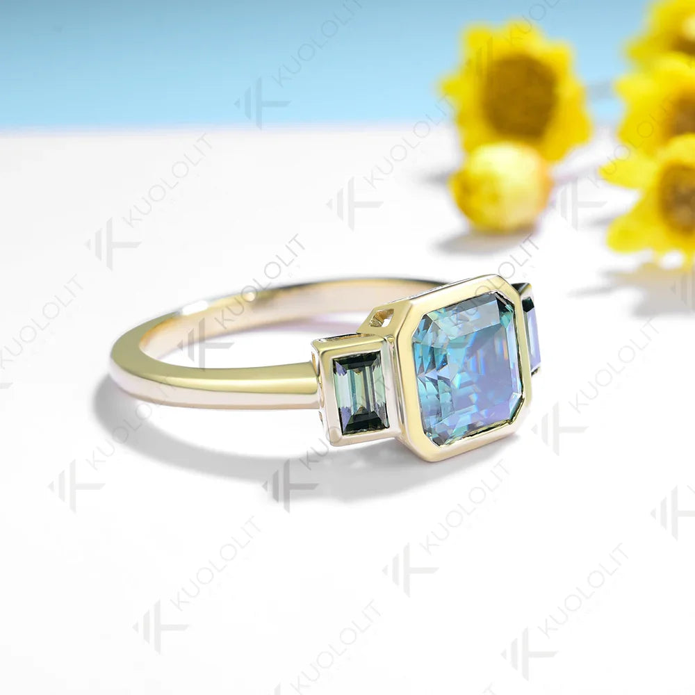 2CT Cyan Moissanite Rings for Women Solid 14K 10K 585 Yelllow Gold Asscher Ring for Engagement Anniversary Engagement