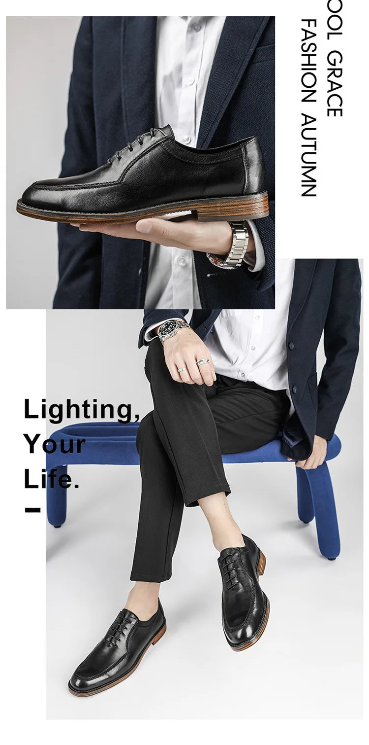 Hot Genuine Leather Shoes Men Wedding Office Dress Shoes Brown Patina Handmade Lace-Up Shoes Business Oxford Footwear