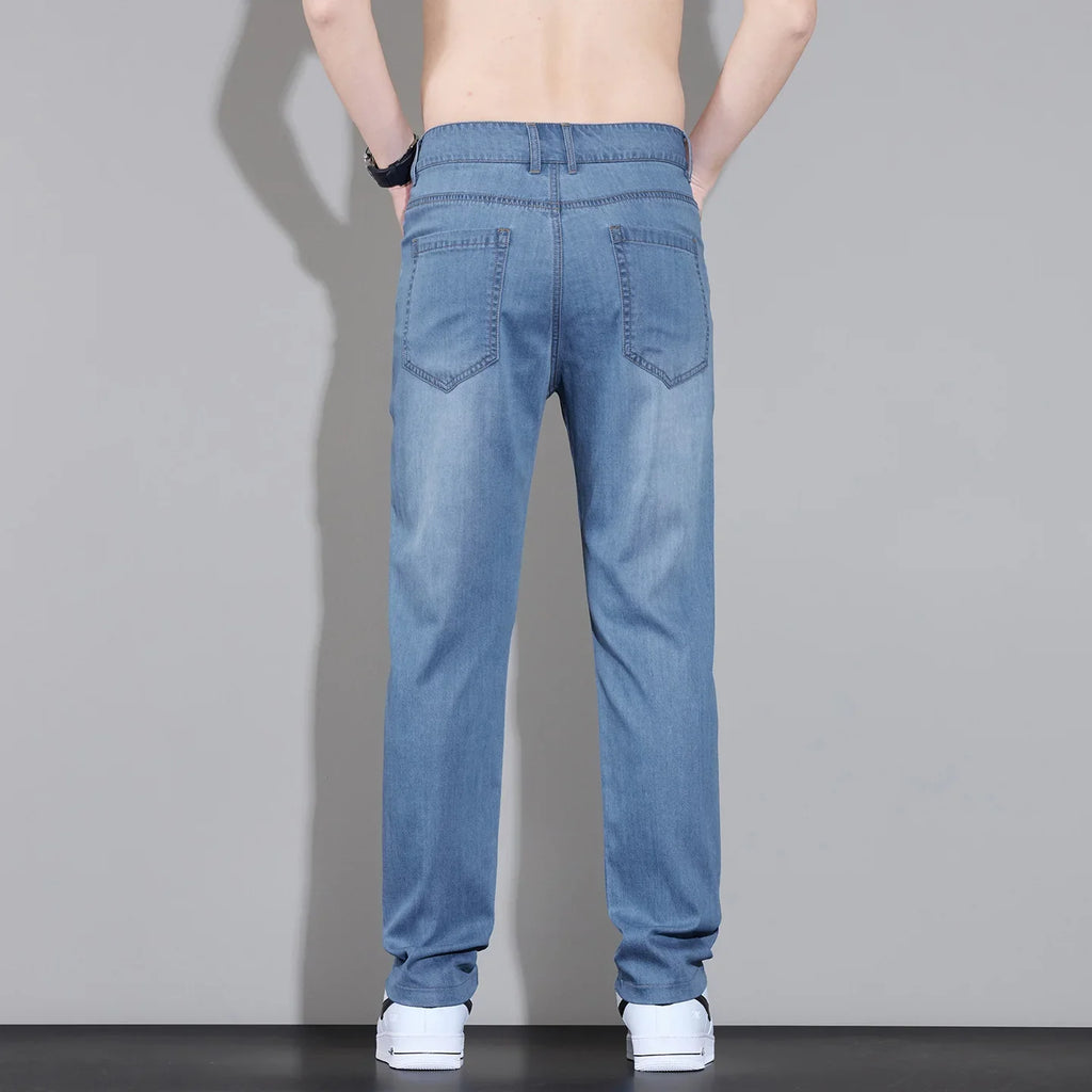 Spring Summer Brand Clothing Lyocell Fabric Men's Jeans Classic Business Straight Denim Pants Work Trousers Male Plus Size 29-40