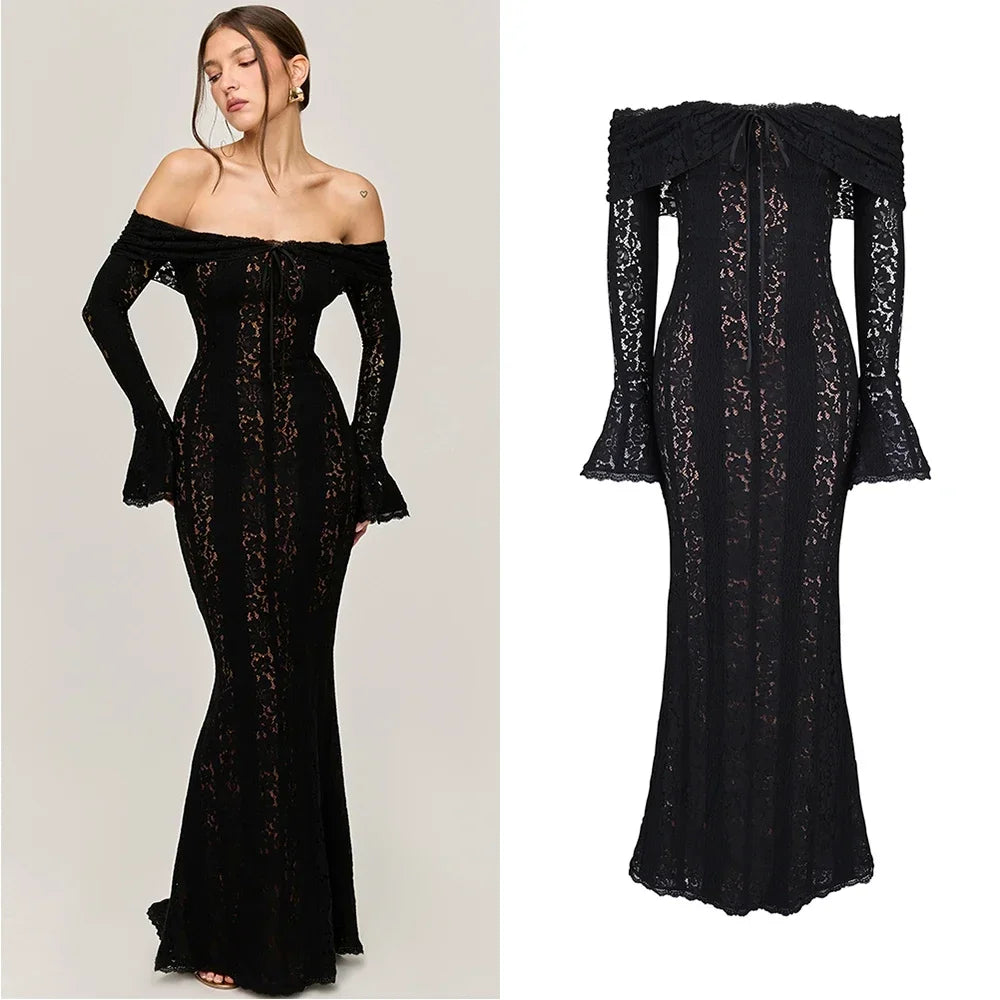 Oligai Elegant Off The Shoulder Bodycon Dress 2024 New in White Flare Sleeve Lace Maxi Dress Wedding Guest Dress for Women