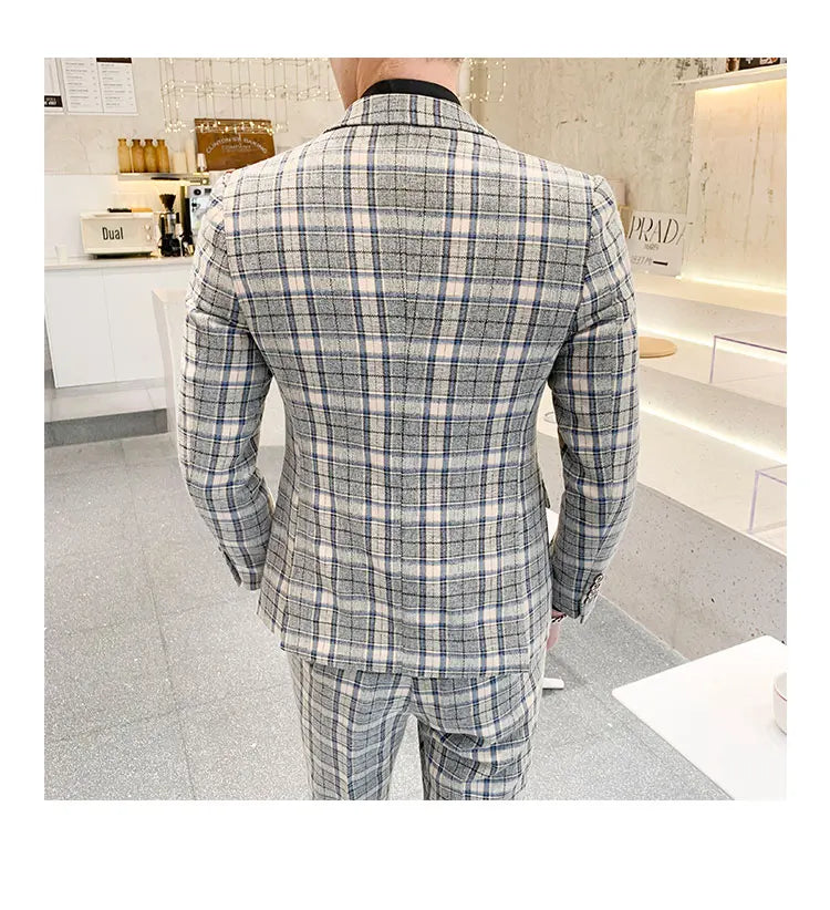 ( Jackets + Vest + Pants ) New Fashion Boutique Plaid Mens Casual Business Suit Groom Wedding Dress Suit 3pces Set Male Blazer