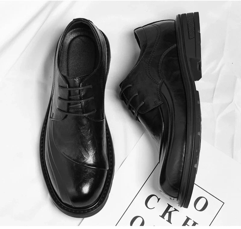 Brown Burnished Genuine Leather Lace Up Chunky Sole Formal Business Office Groom Wedding Daily Wear Shoes Fashion Comfortable