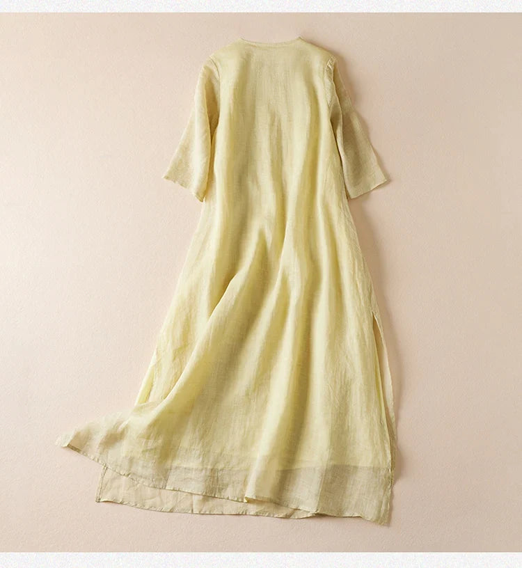 Summer New Hemp Dr Embroidered round Ne Five-Quarter Sve Fairy Beautiful Long Women's Dr New Chinese Sle
