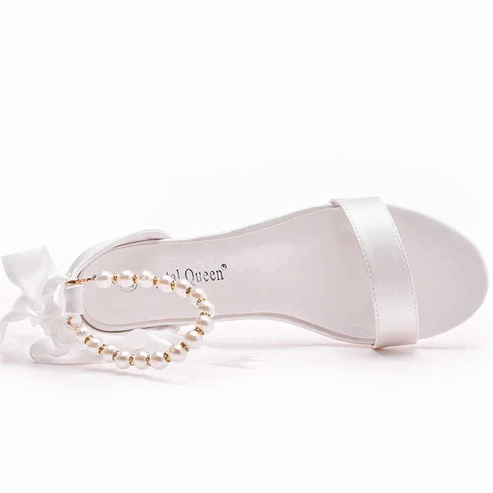 Summer new 2-cm square-heeled silk ribbon pearl rhinestone low-heeled wedding shoes beaded lace-up flat large-size women sandals