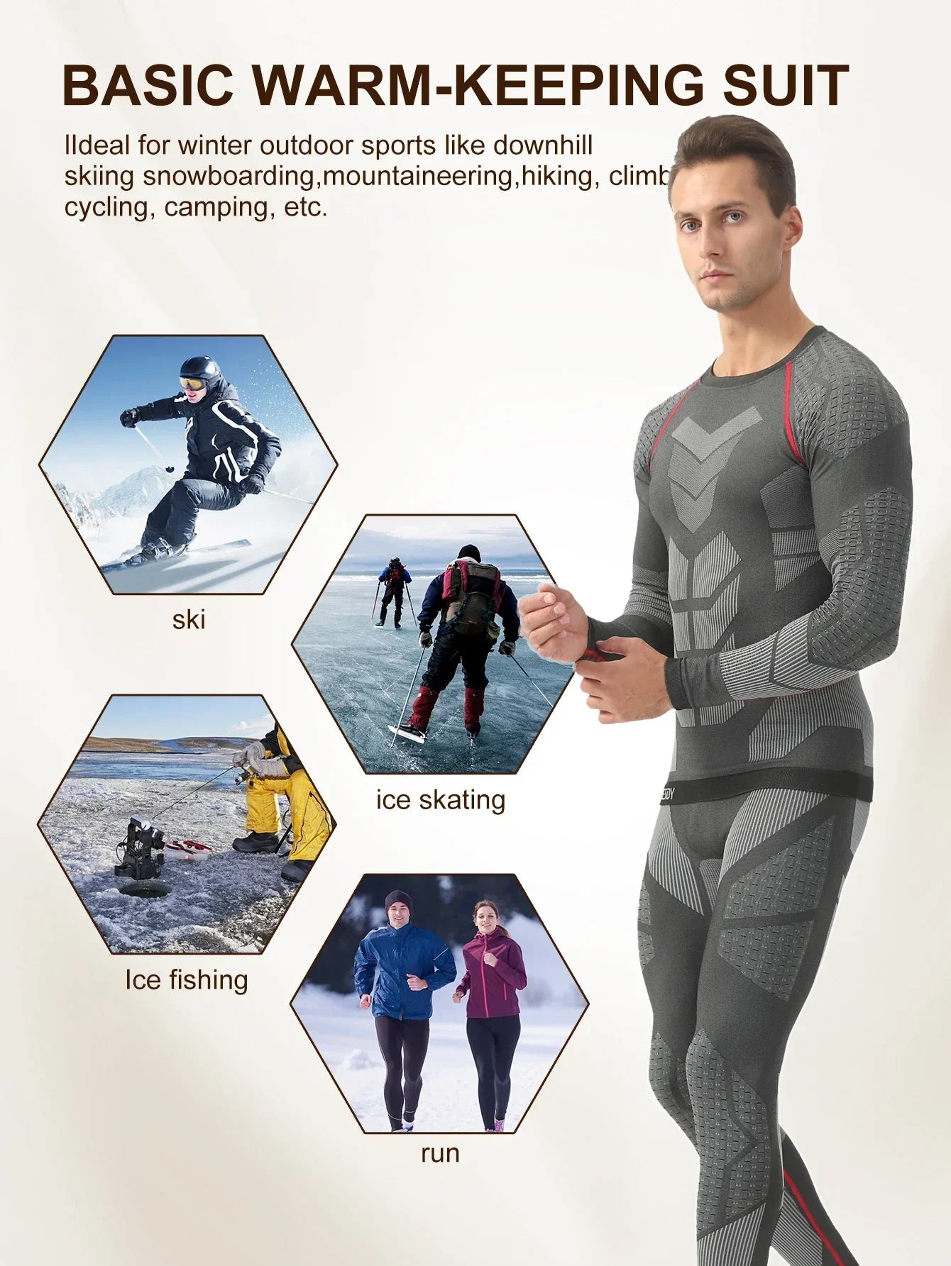 Men's Sports Compression Thermal Suit Winter Thermal Compression Long-Sleeve Long Pants Breathable High-Elastic Cold-Proof Sports Suit Winter Outdoor Sports Climbing Fishing