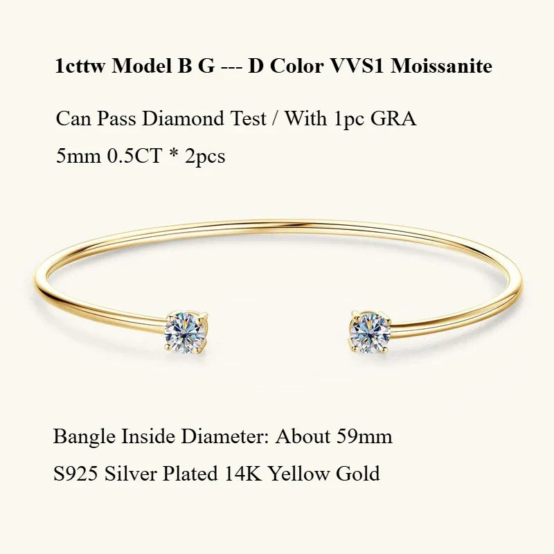 Four Prong Moissanite Cuff Bangle 5mm 0.5CT Round Cut D Color 925 Silver Open Hand Chain Bracelet For Women Girl Lady Gift