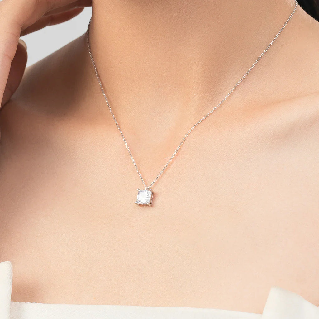 925 Sterling Silver Square Sparkling AAAAA CZ Pendant Necklace Platinum Plated Neck Chain for Wowen Weddng Fine Jewelry