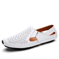 Men's Hollow Leather Shoes Summer Breathable Sandals Genuine Leather Slip-on Loafers Flat  Soft Soled Driving Casual Shoes